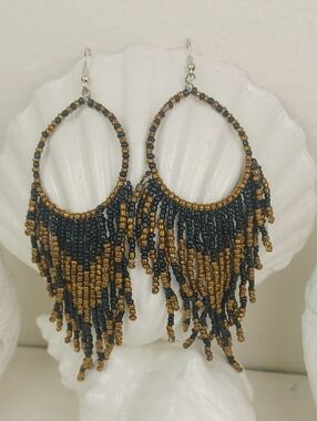 Tribal-Vibe Handcrafted Black and Gold Beaded Fringe Hoop Earrings